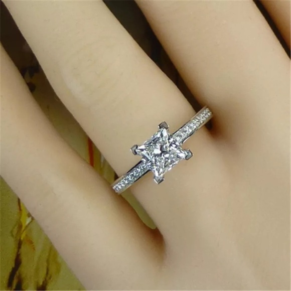 14K White Princess Square Diamond Engagement Ring - Picture 4 of 7